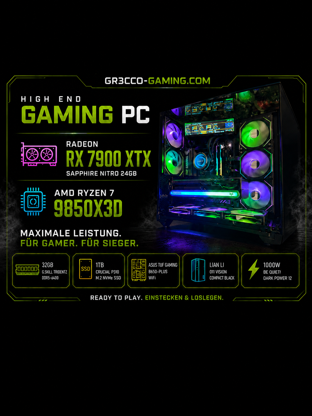 High-End Gaming PC | RX 7900 XTX Sapphire Nitro+ 24GB | Ryzen 7 9850X3D | 32GB DDR5 | 1TB SSD | 4K