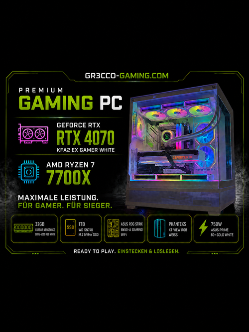 Premium Gaming PC | KFA2 RTX 4070 EX Gamer White 12GB | Ryzen 7 7700X | 32GB DDR5 | 1TB NVMe | WQHD/4K