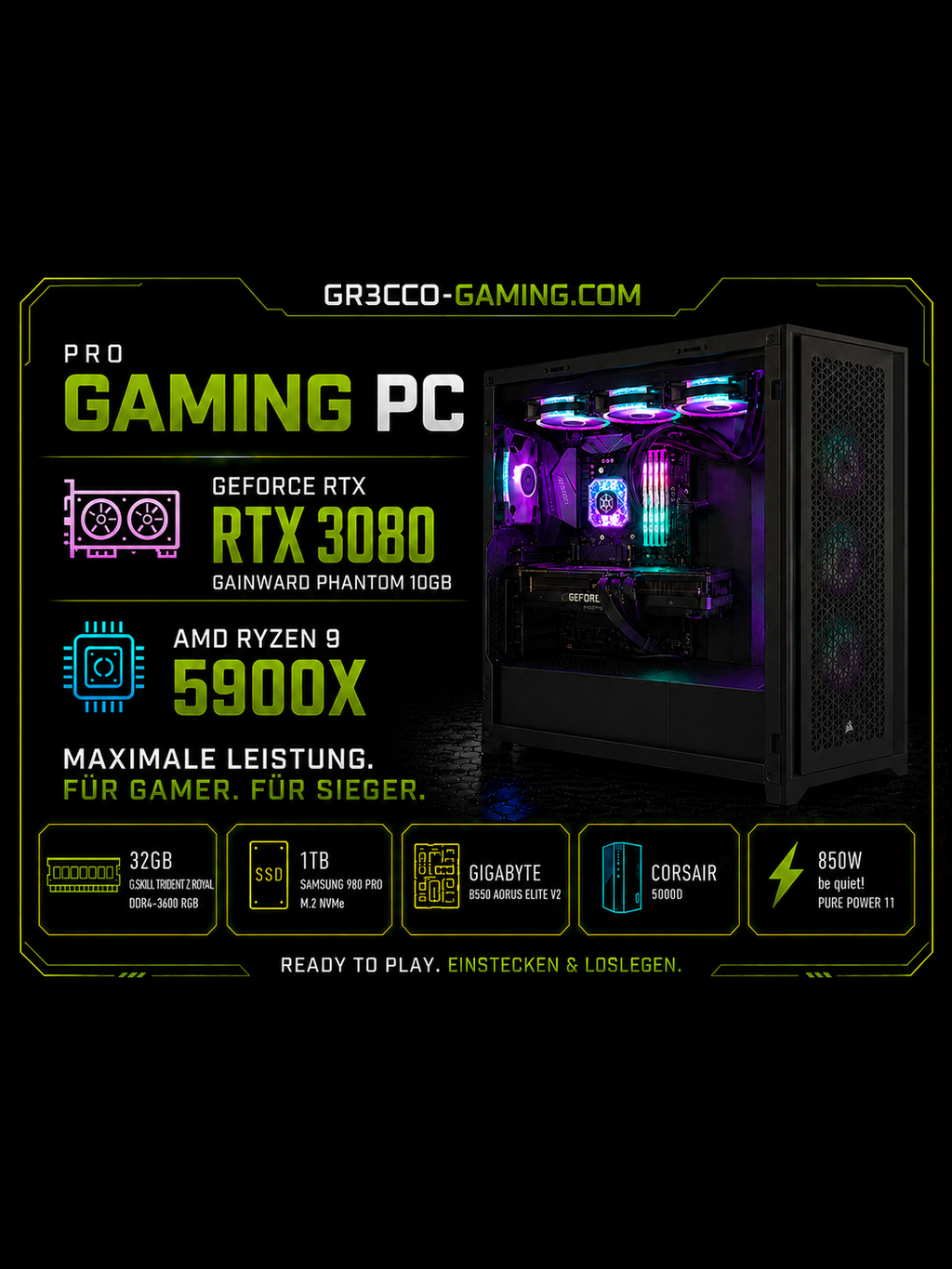 Showcase - PRO Gaming PC | Gainward RTX 3080 Phantom 10GB | Ryzen 9 5900X | 32GB DDR4 | 1TB NVMe | WQHD/4K