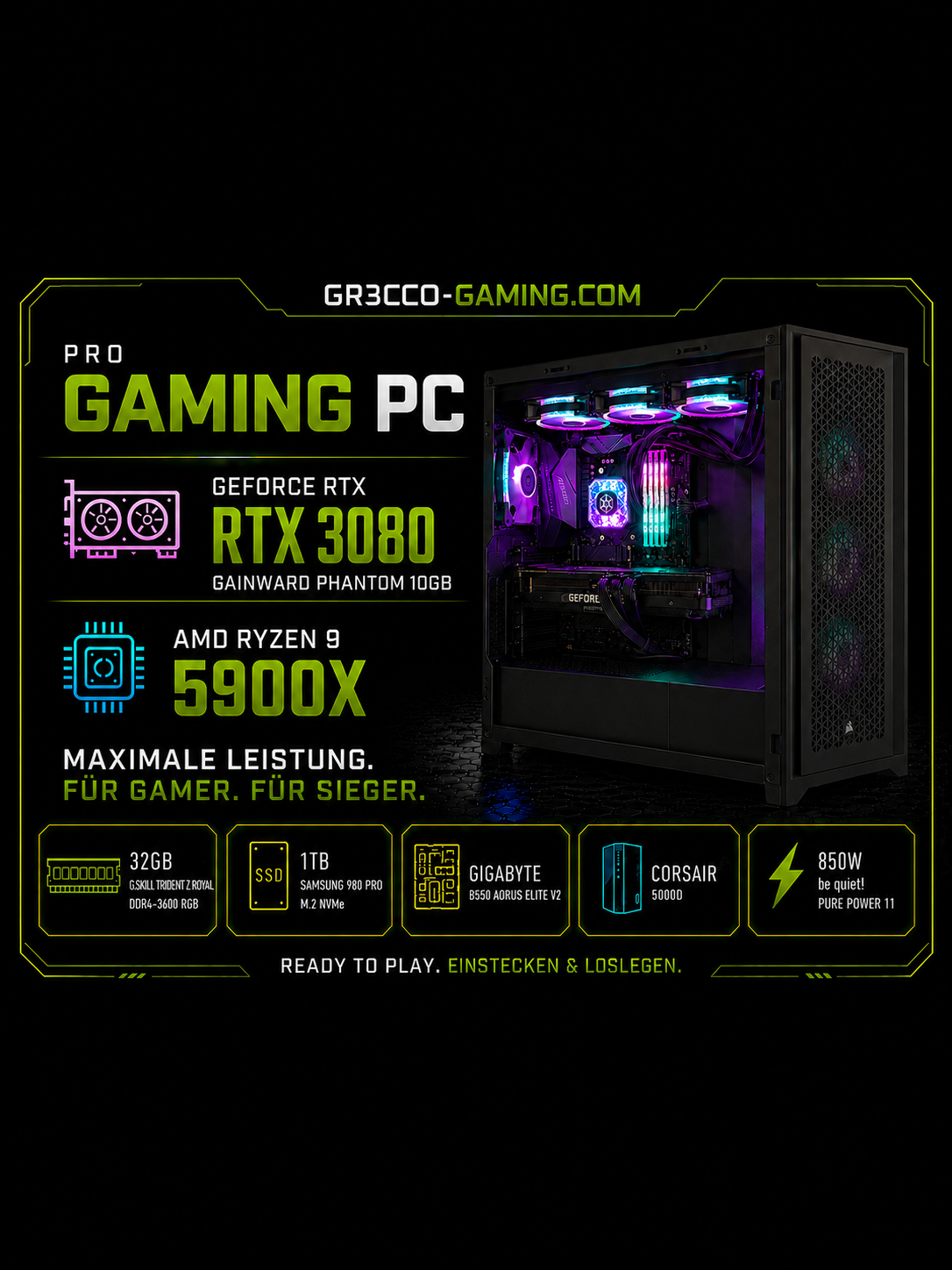 Showcase - PRO Gaming PC | Gainward RTX 3080 Phantom 10GB | Ryzen 9 5900X | 32GB DDR4 | 1TB NVMe | WQHD/4K