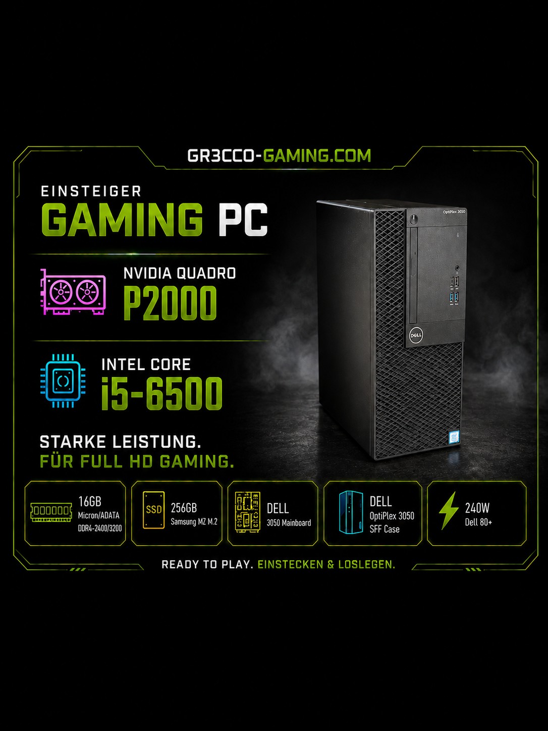 Gaming & Workstation PC | NVIDIA Quadro P2000 5GB | i5-6500 | 16GB DDR4 | 256GB NVMe | Full HD