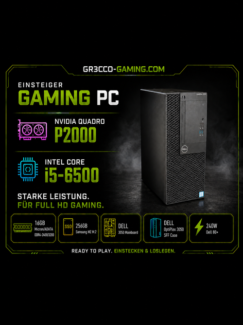 Gaming & Workstation PC | NVIDIA Quadro P2000 5GB | i5-6500 | 16GB DDR4 | 256GB NVMe | Full HD